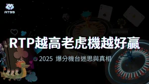 AT99娛樂城高RTP老虎機迷思視覺主圖，對應2025年爆分機台與玩家誤解解析文章。
