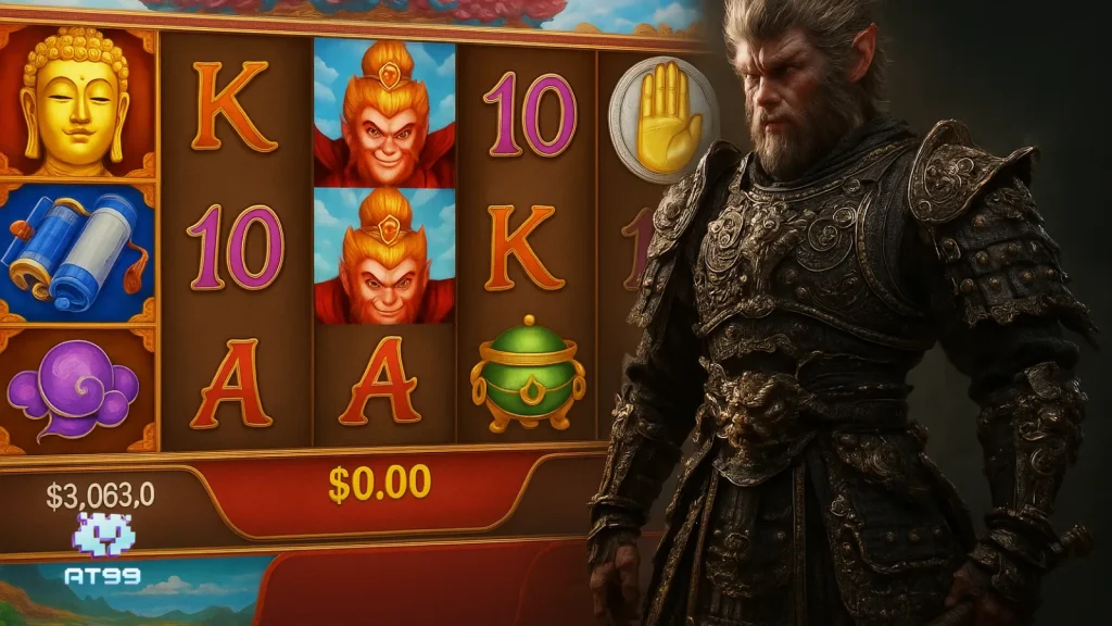 黑悟空玩不夠?AT99娛樂城《如來抓猴》2025讓你反轉當如來! 1 AT99娛樂城如來抓猴遊戲畫面,融合黑神話悟空風格的中式奇幻老虎機主題