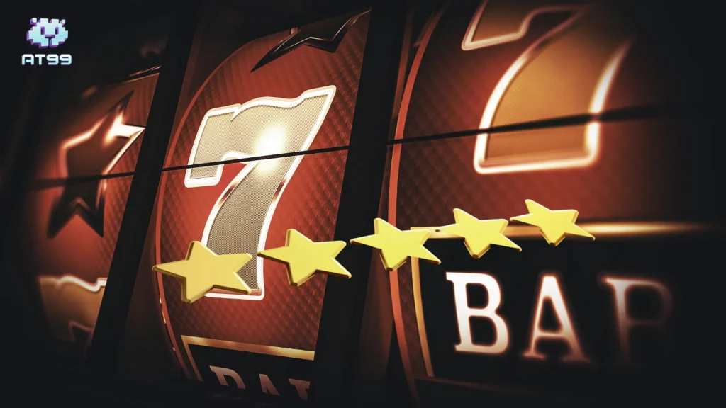 AT99娛樂城老虎機評價畫面，紅色777與五顆星星評比設計