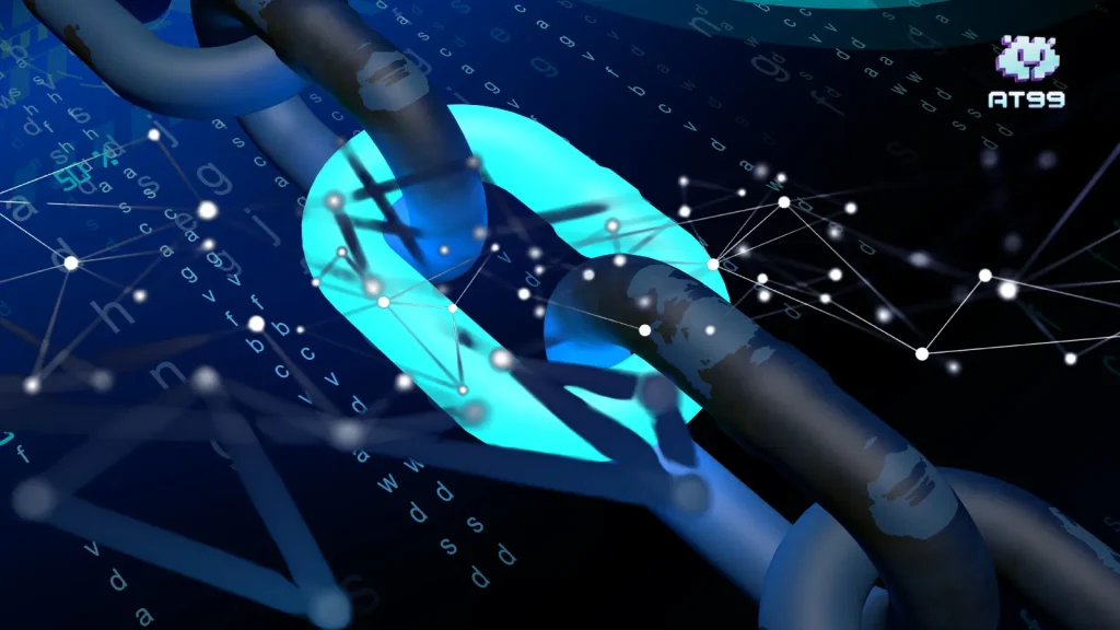 AT99娛樂城 USDT 入金失敗示意圖，區塊鏈鏈條與網路節點連線視覺化設計