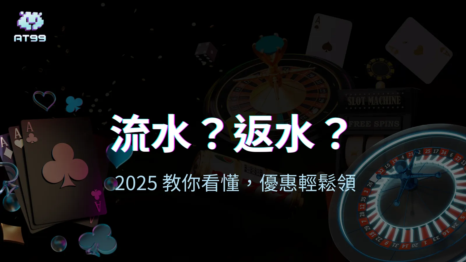 AT99娛樂城2025年洗碼量與返水機制介紹，畫面包含撲克牌、輪盤與彩金圖示。